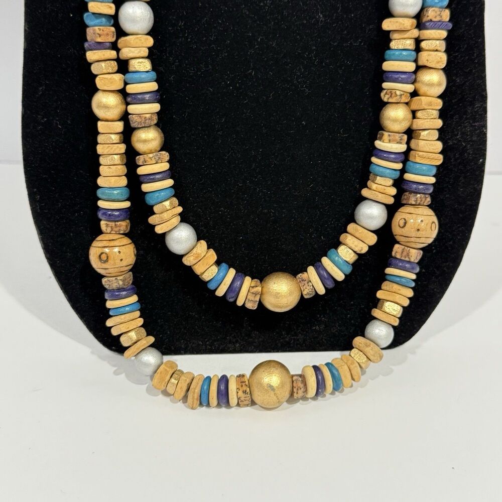 Vintage Casual Corner Double Strand Beaded Necklace Boho Wood Gold Tone Signed - Picture 8 of 16